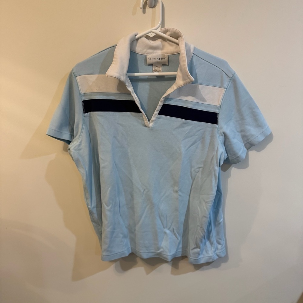 Casual Light Blue Short Sleeve Polo with Stripes - Picture 2 of 8